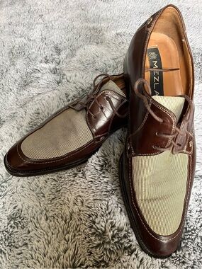 Mezlan Brown Leather & Cream Canvas Lace-Up Oxfords